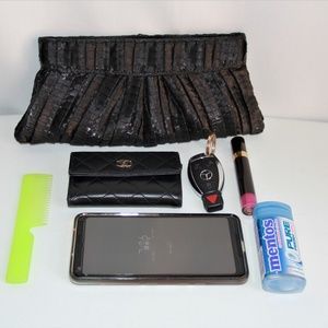 New Lauren Merkin Black Peated Shimmer Clutch